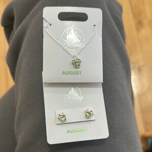 Disney August Birthstone Two Tone Necklace and Rose Gold Earrings Set